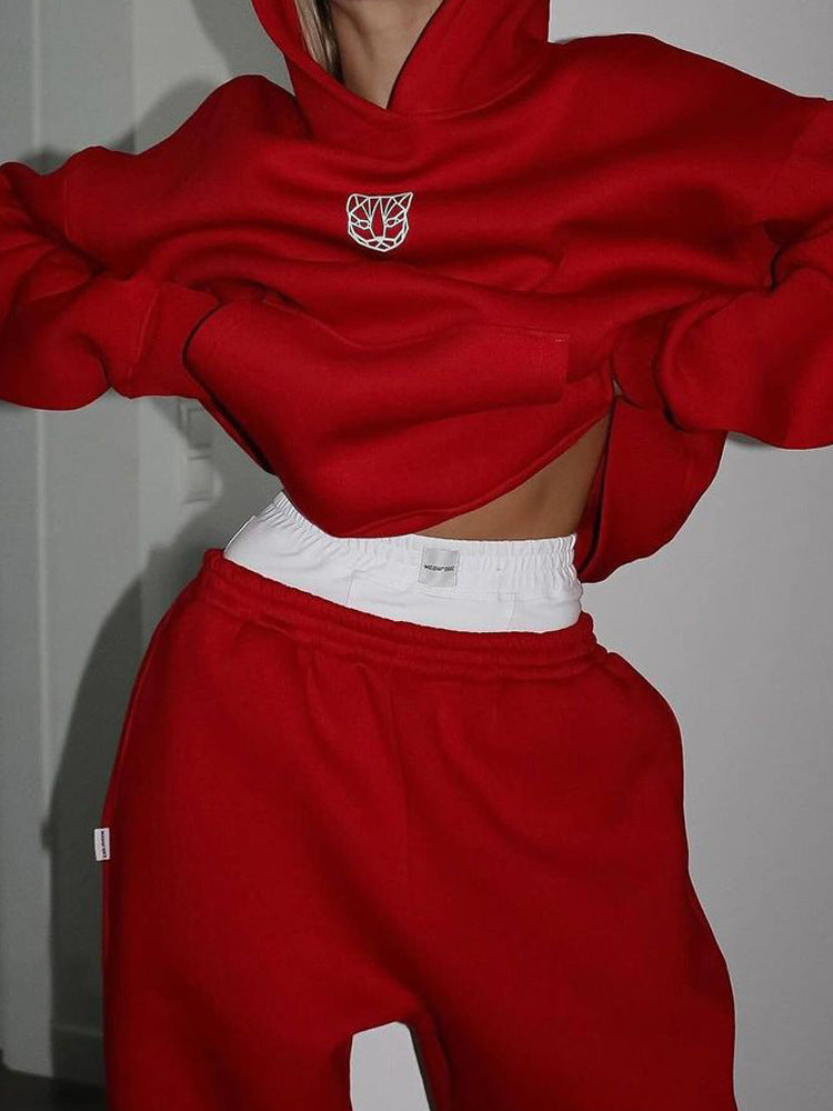 Damen Cropped Kapuzenpullover und weite High-Waist Jogginghose Set Drune