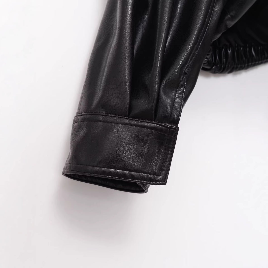 Damen Cropped-Blouson im Bomberstil aus veganer Glattlederoptik mit hohem Stehkragen Drune
