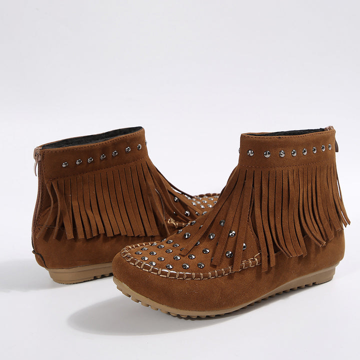 Damen Fransen‑Ankleboots im Mokassinstil mit Nieten und Rückenreißverschluss Drune