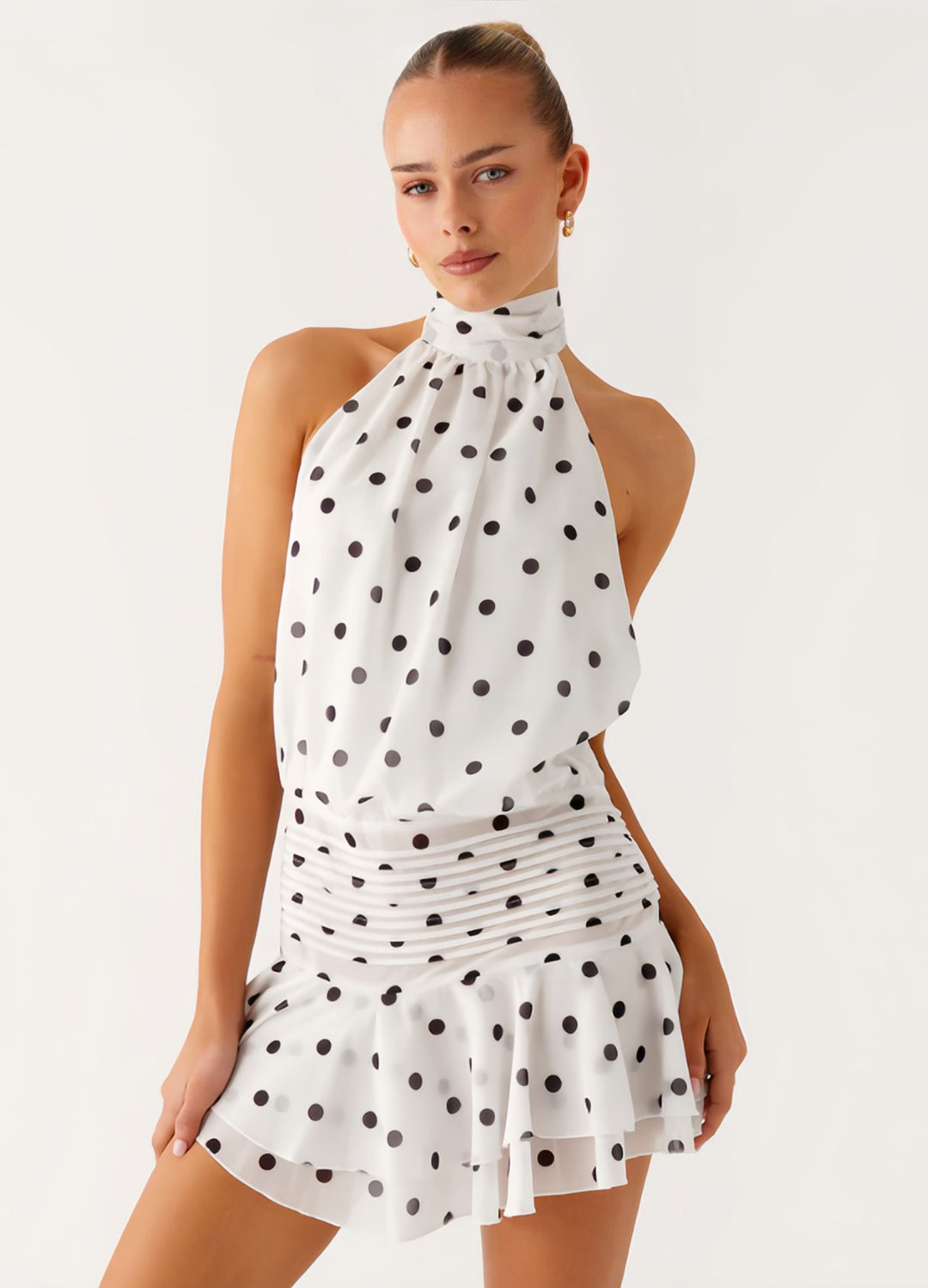 Damen Neckholder Minikleid mit Rüschensaum und gepolstertem Oberteil Drune