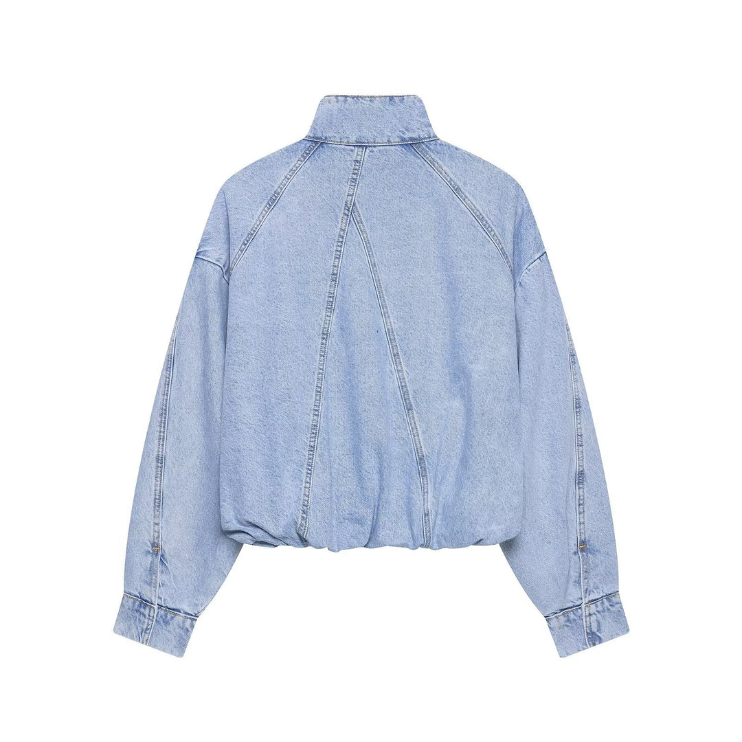Damen Oversize Denim-Blouson mit hohem Stehkragen und elastischem Saum Drune