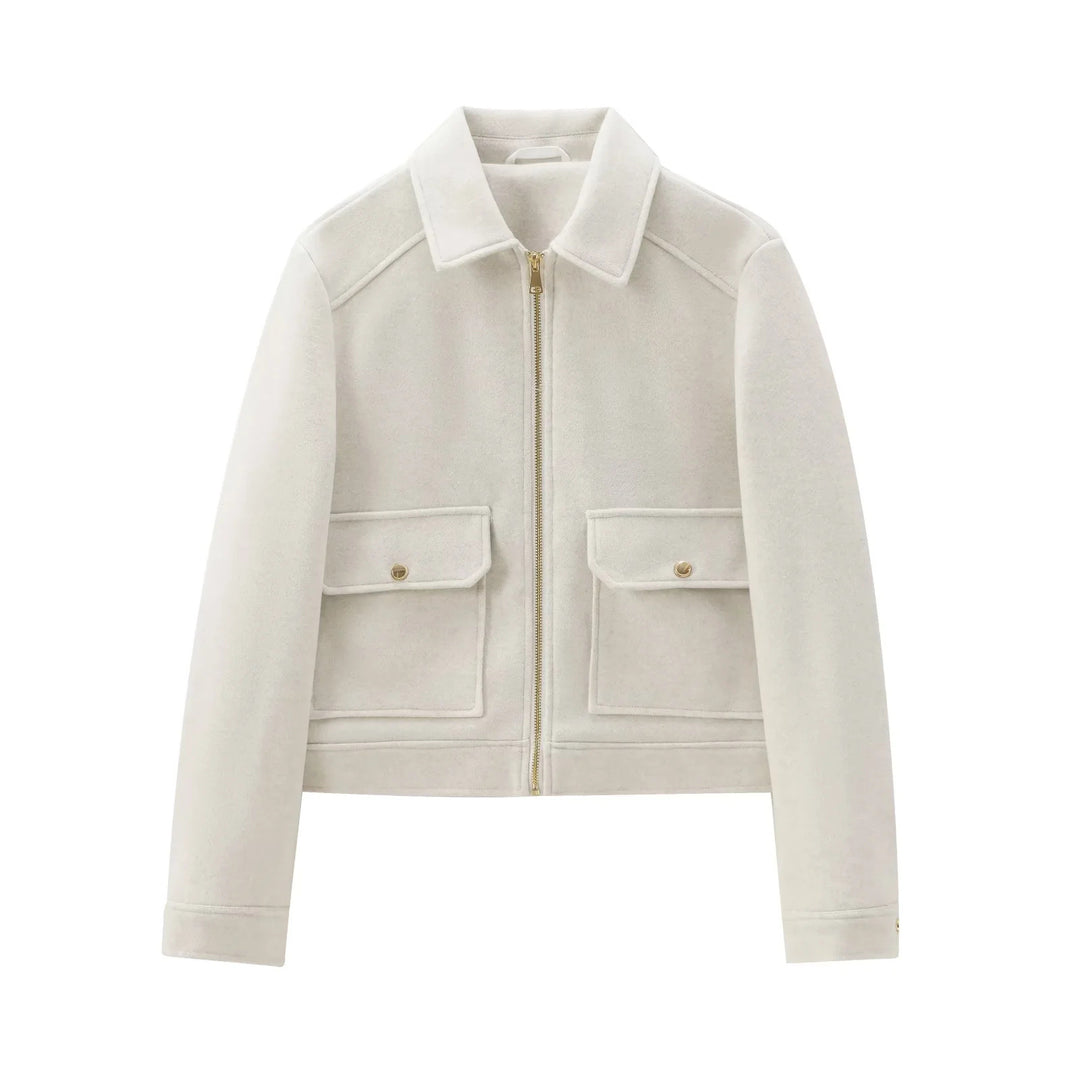Damen 40+ kurze Woll‑Blousonjacke mit goldfarbenem Reißverschluss und aufgesetzten Pattentaschen Drune