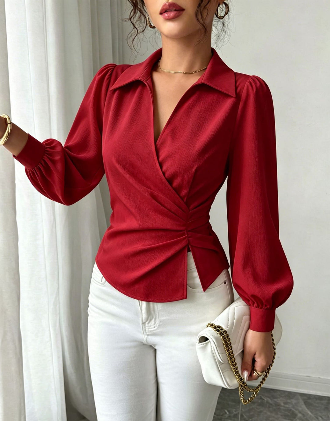 Damen Wickelbluse mit Taillenraffung, Hemdkragen und Ballonärmeln Drune