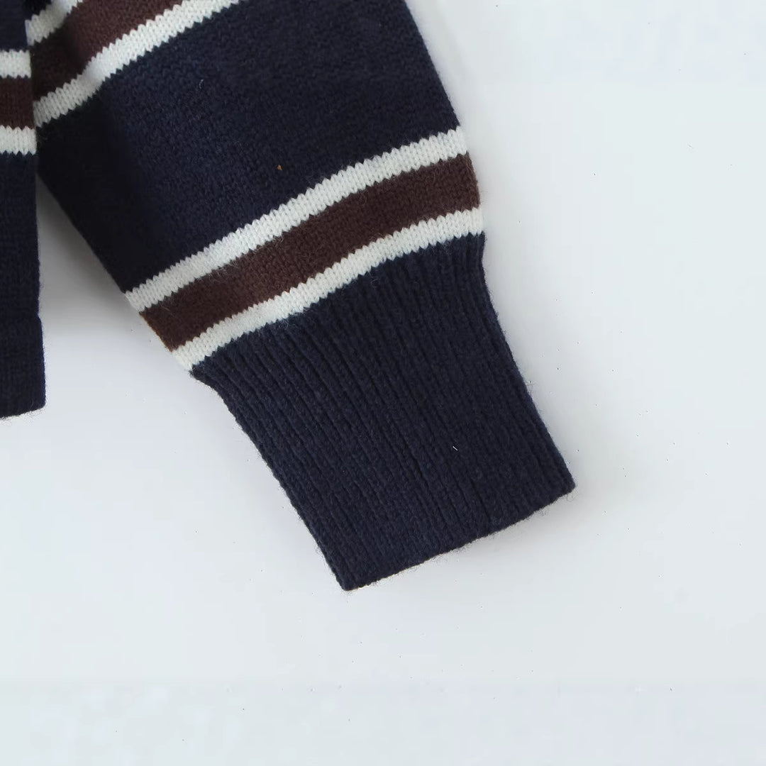 Damen Gestreifter Oversize-Strickpullover mit Polokragen und Rippbündchen Drune