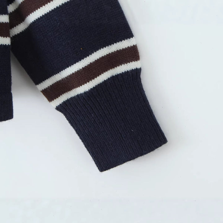 Damen Gestreifter Oversize-Strickpullover mit Polokragen und Rippbündchen Drune