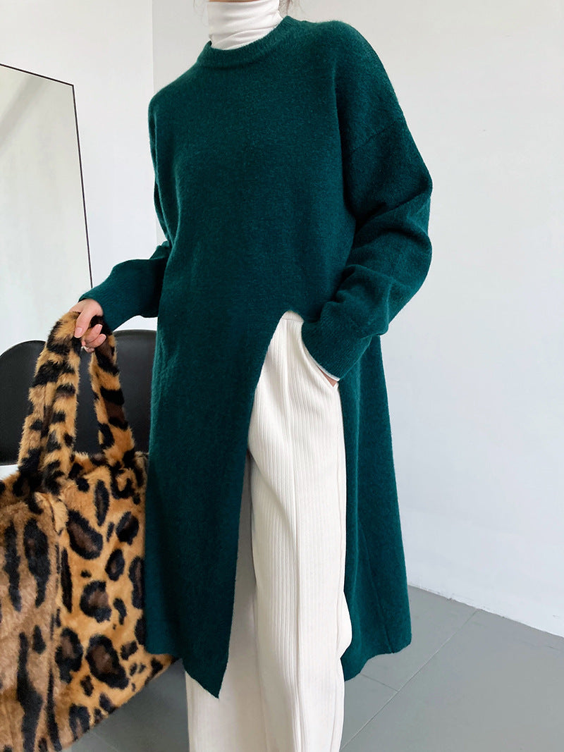 Damen modisches Strickkleid mit seitlichem Schlitz und großzügigem Schnitt Drune