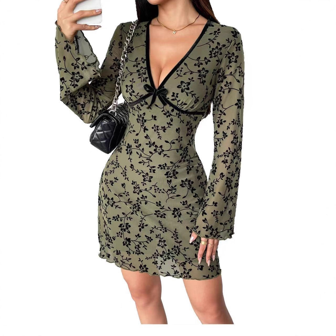 Damen nan tailliertes Netzstoff-Minikleid mit Samtflock-Blütenmuster, tiefem V-Ausschnitt und Schleifenapplikation Drune