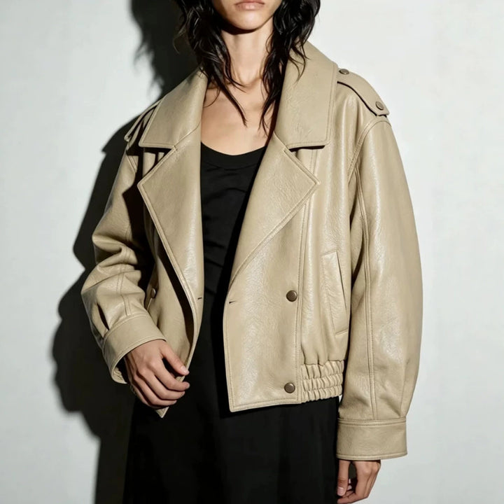 Damen Oversize Lederimitat-Blouson mit doppelreihiger Knopfleiste, weitem Revers und elastischem Saum Drune