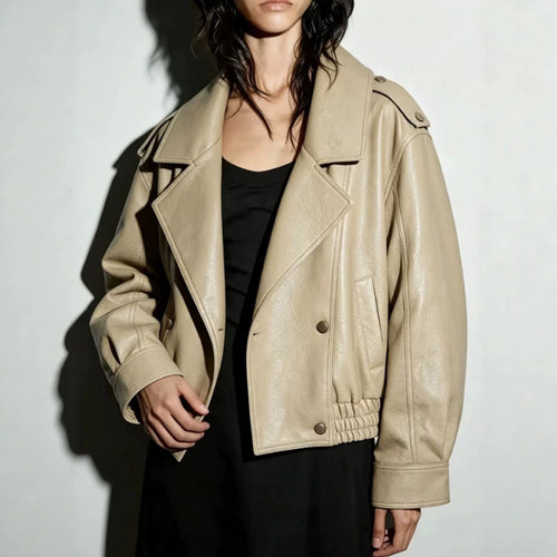Damen Oversize Lederimitat-Blouson mit doppelreihiger Knopfleiste, weitem Revers und elastischem Saum Drune