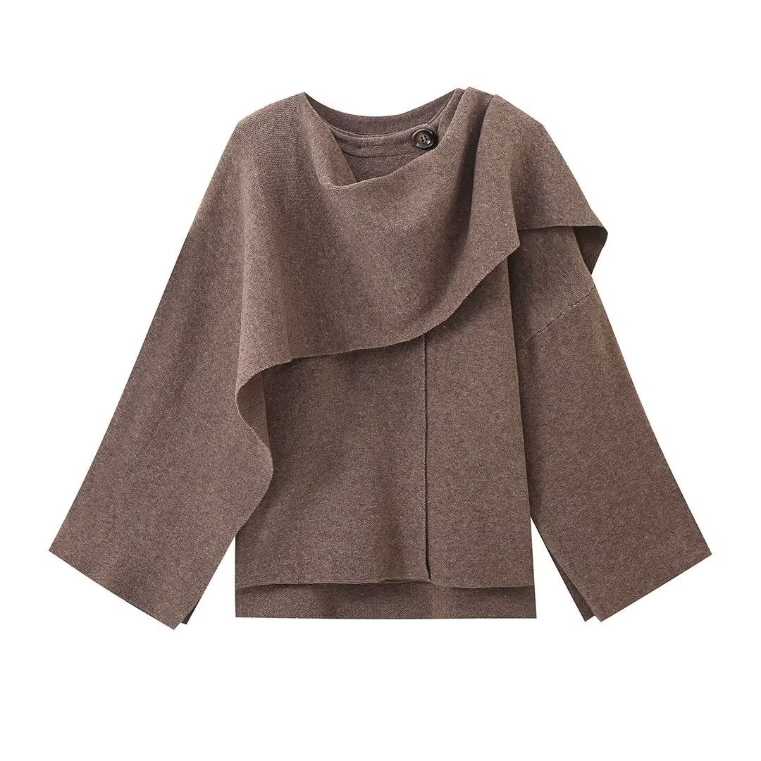 Damen 900+ drapierter Oversize Poncho‑Pullover mit Wasserfallkragen und Zierknopf Drune