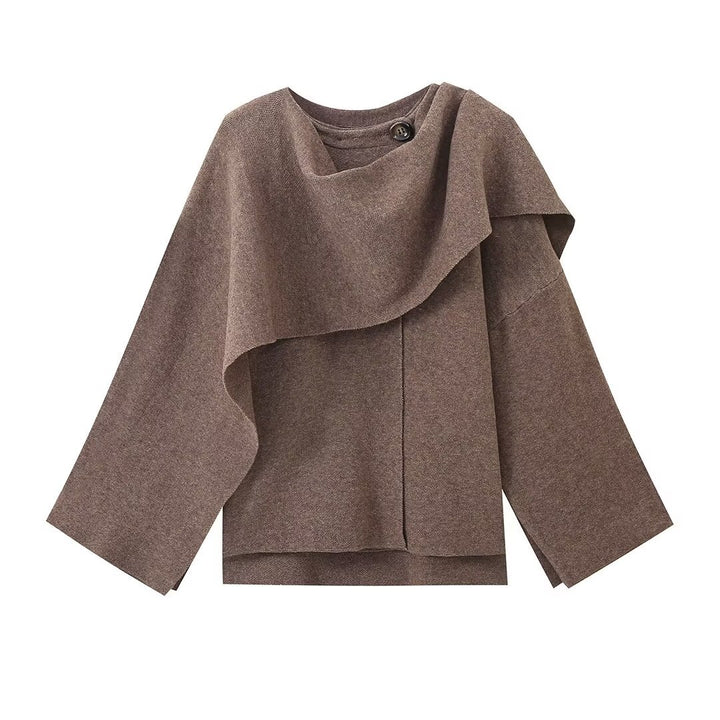 Damen 900+ drapierter Oversize Poncho‑Pullover mit Wasserfallkragen und Zierknopf Drune