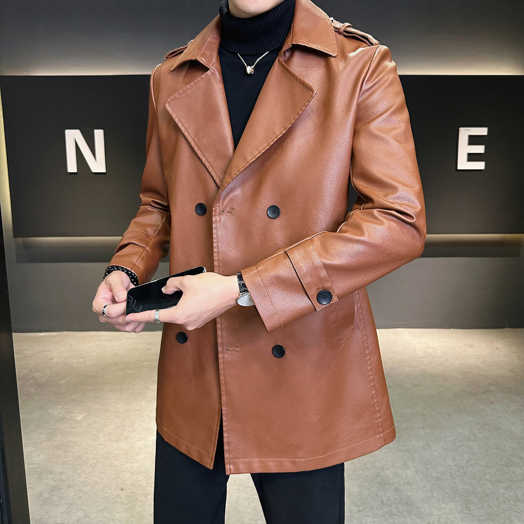 Herren Doppelreihiger Kunstleder-Trenchcoat mit markantem Revers Drune