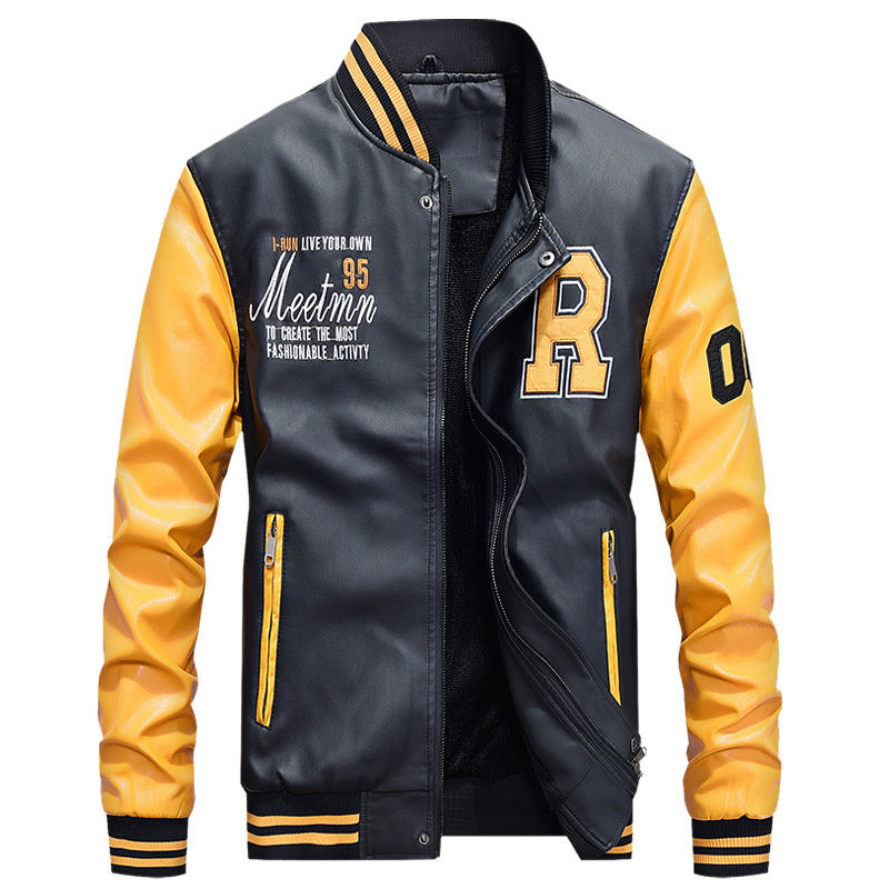 Herren nan Varsity-Lederjacke im College‑Stil mit gesticktem Logopatch, kontrastärmel‑Design und gerippten Bündchen Drune