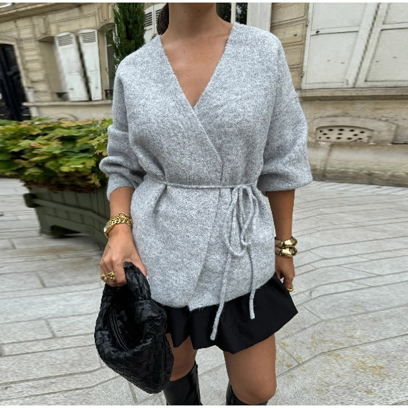 Damen eleganter Wickelstrickmantel mit Gürtel Drune