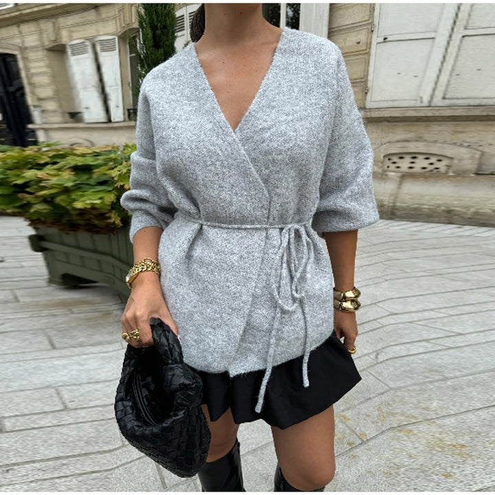 Damen eleganter Wickelstrickmantel mit Gürtel Drune