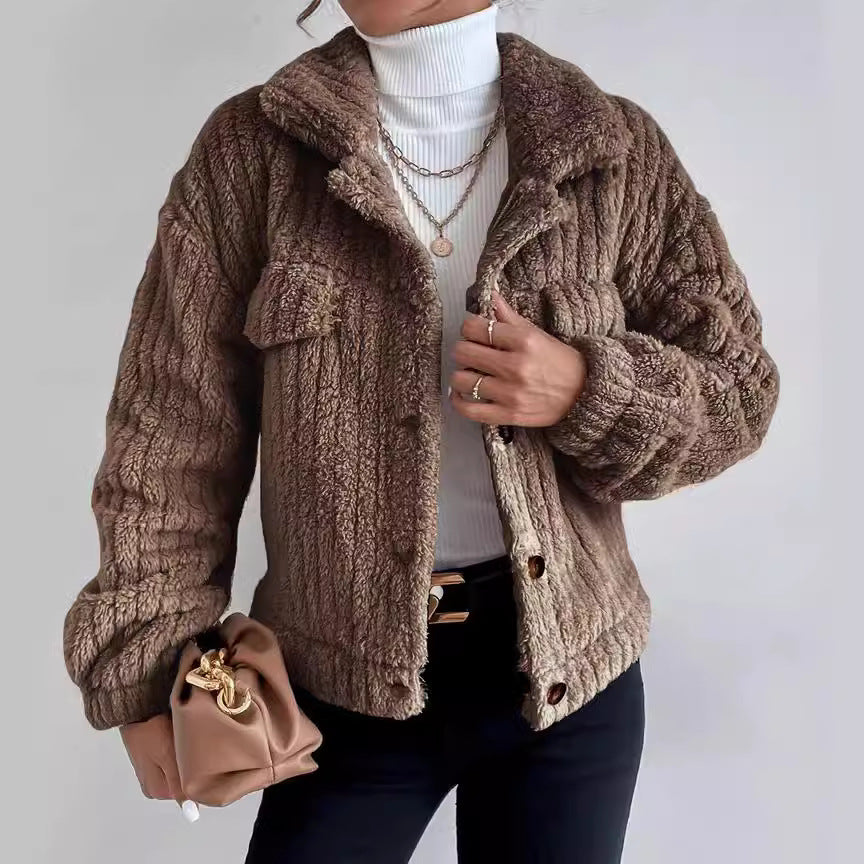 Damen nan kuschelige Teddyjacke mit Hemdkragen, Druckknopfverschluss und aufgesetzten Brusttaschen Drune