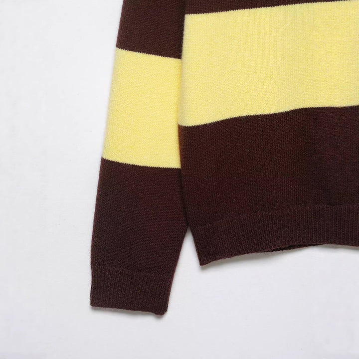 Damen Gestreifter Grobstrick-Pullover im Boxy-Cropped-Schnitt mit Henley-Knopfleiste Drune