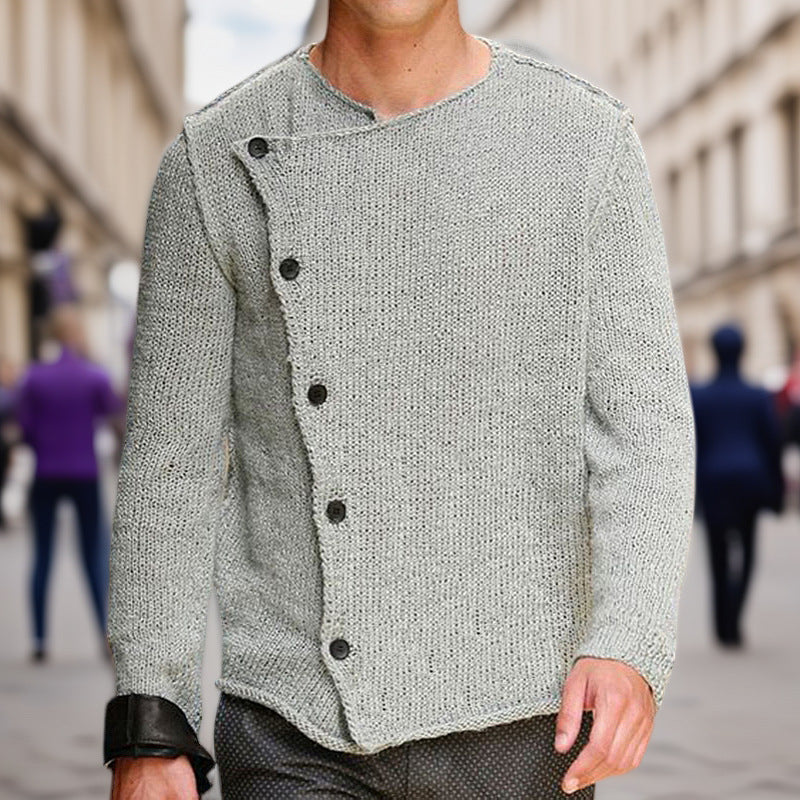 Herren Strickpullover mit innovativem Stehkragen und asymmetrischer Knopfleiste Drune