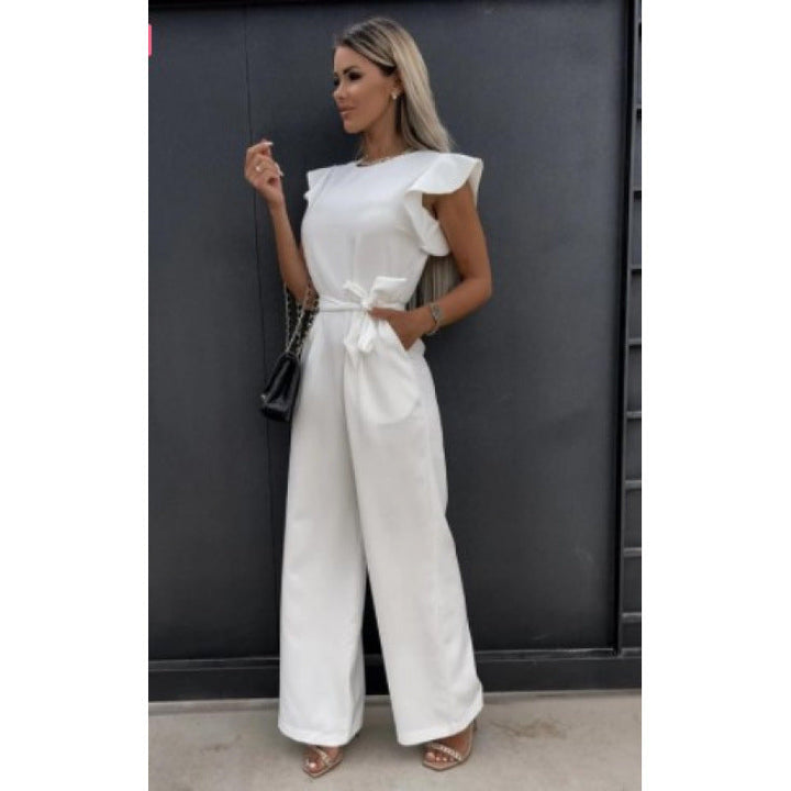 Frauen Fließender Weitbeiniger Jumpsuit mit Rüsche Ärmel Drune