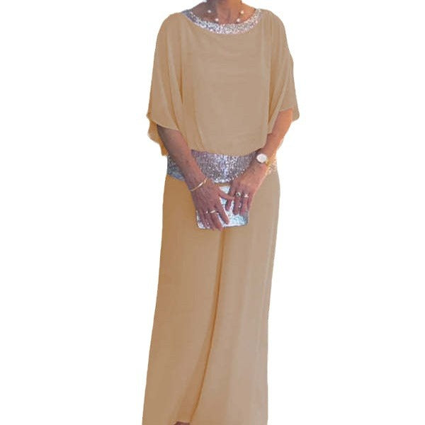 Damen Elegantes Zweiteiliges Abendensemble mit Chiffon-Cape, Paillettenbesatz und Palazzo-Hose Drune