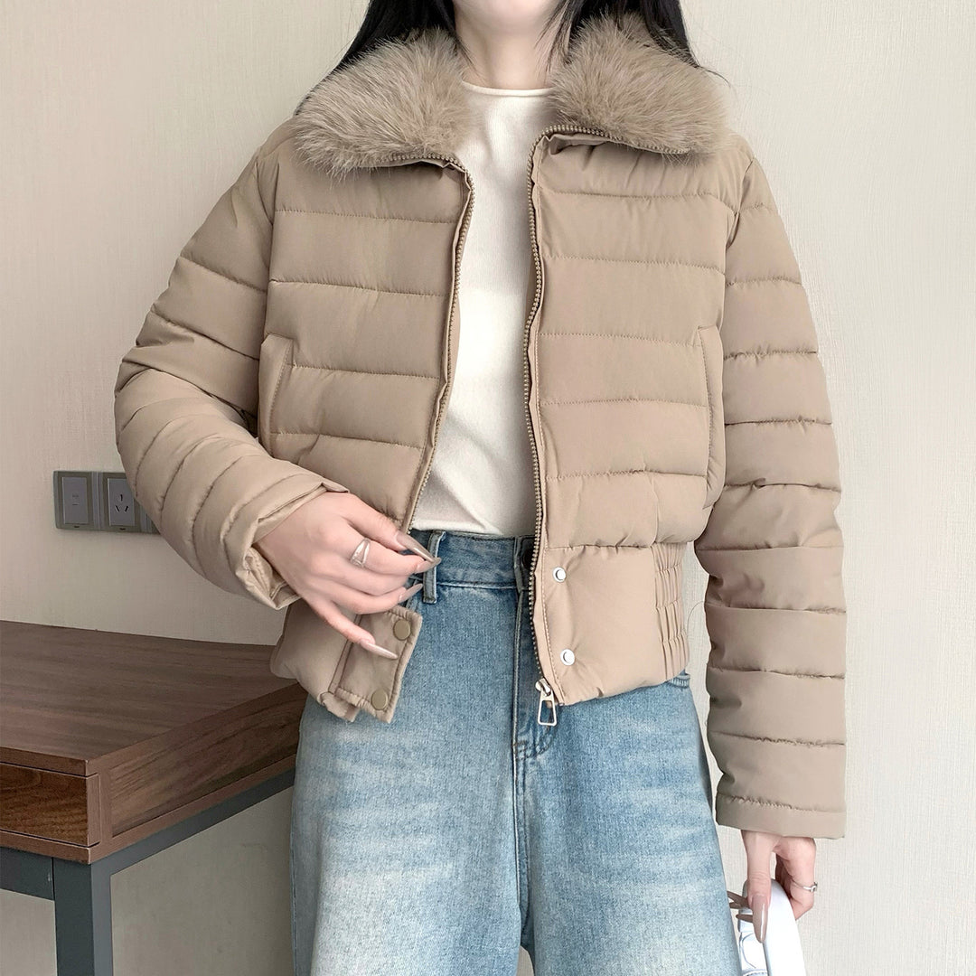 Damen nan kurze wattierte Taillenjacke mit abnehmbarem Kunstfellkragen und verstärktem Saum Drune