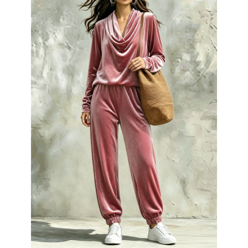 Damen Samt-Lounge-Set mit Wasserfallkragen und Jogger-Hose Drune