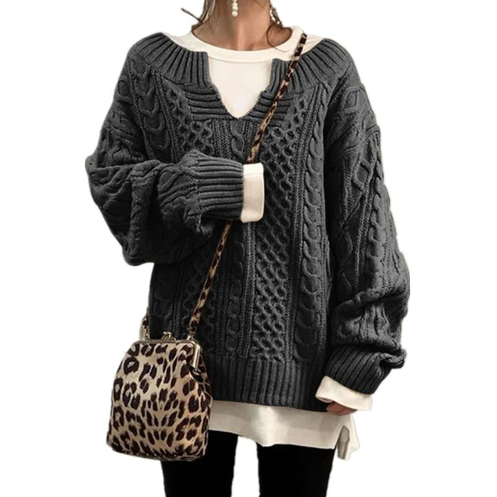 Damen nan weit geschnittener Strickpullover mit Zopfmuster und V-Ausschnitt Drune