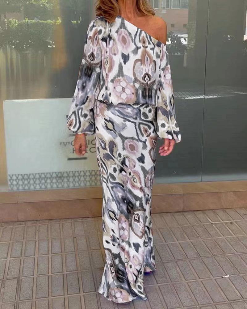 Damen Maxikleid mit asymmetrischer Ein-Schulter, fließendem Satin und Glockenärmeln Drune