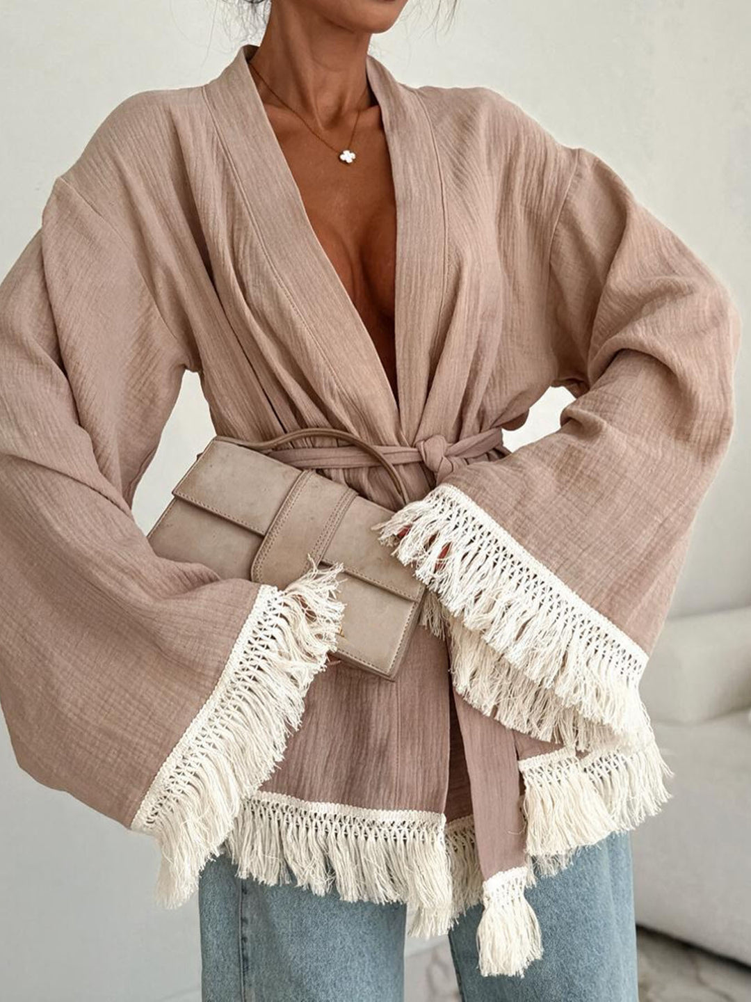Damen Fransen-Kimono-Jacke aus Leinenoptik mit Taillengürtel Drune