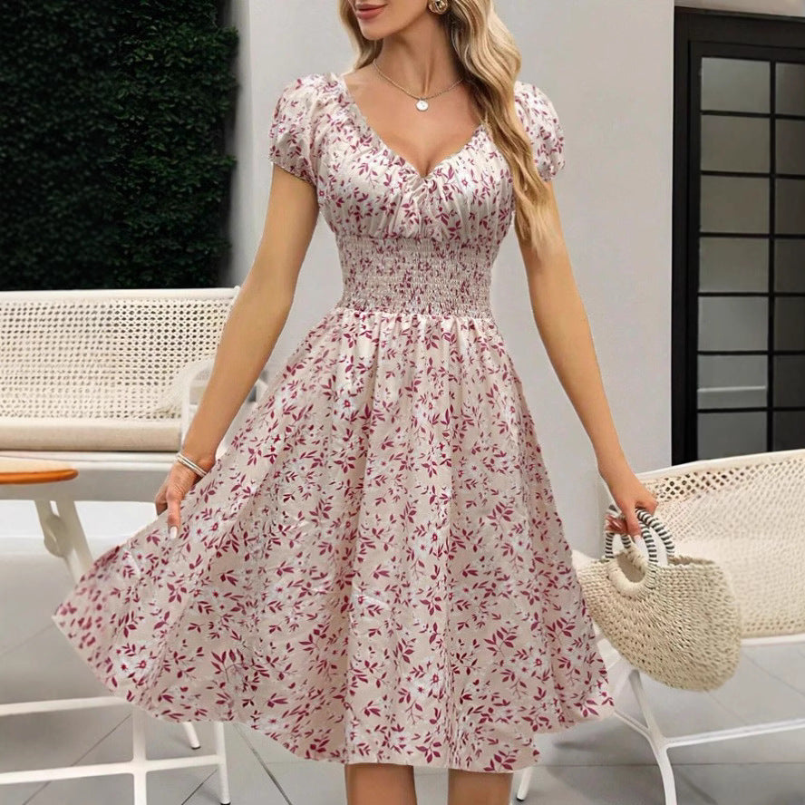 Damen Floral Midi-Kleid mit elastischem Bund und Puffärmeln Drune