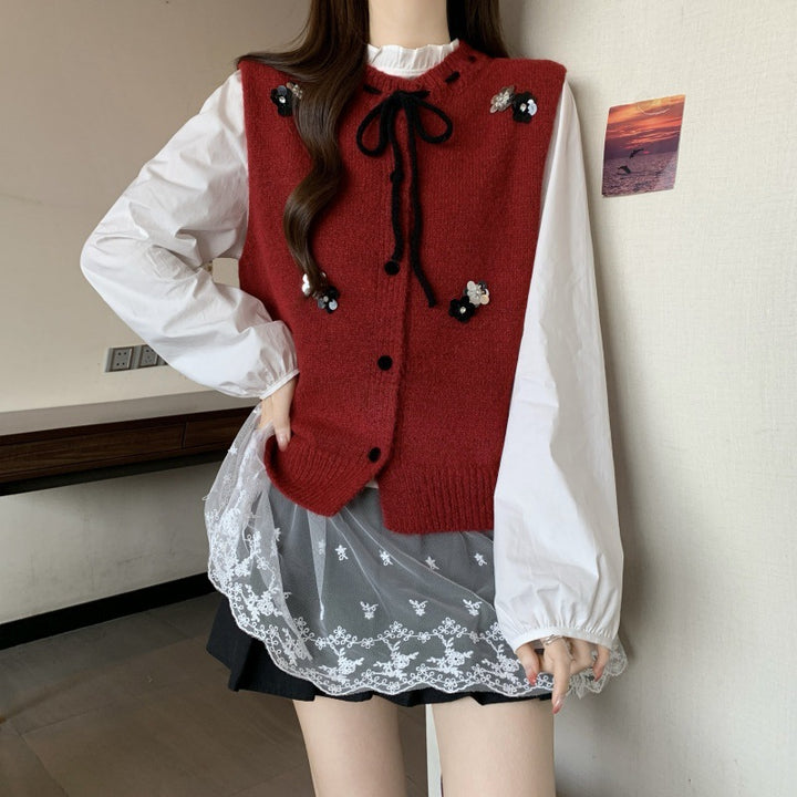 Damen Strickjacke mit dekorativen Blumenapplikationen und Bindeverschluss Drune