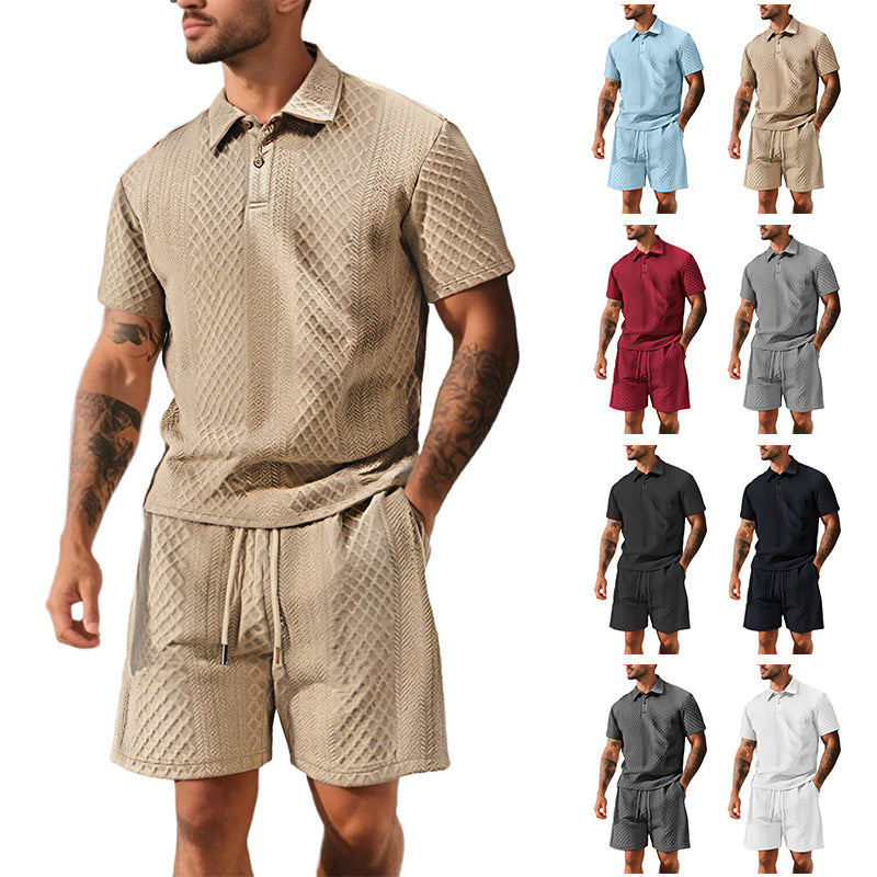 Herren nan dreidimensionales Relief-Freizeit-Set mit Polokragen, verdeckter Knopfleiste und elastischer Tunnelzugshorts Drune