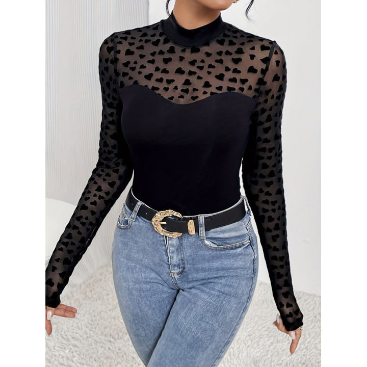 Damen Langarm-Body mit transparenten Herzen und elegantem Stehkragen Drune
