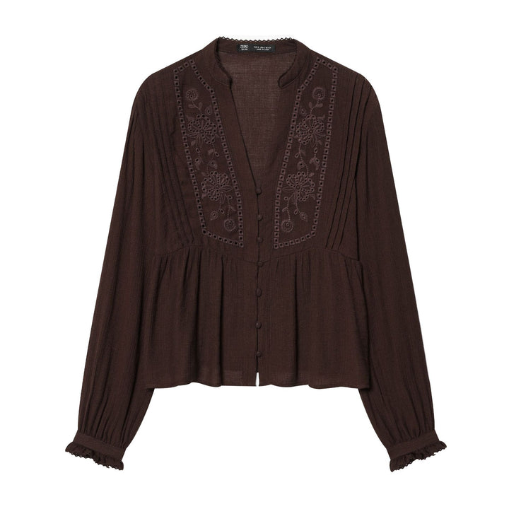 Damen nan leichte bestickte Baumwollbluse im Boho‑Stil mit Stehkragen, Zierknopfleiste und geraffter Empire‑Taille Drune