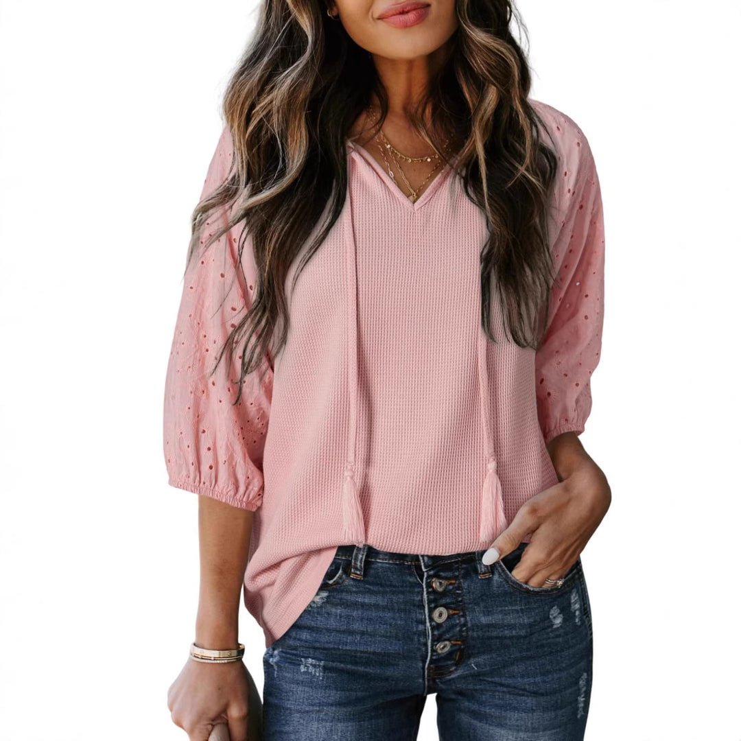 Damen Waffelshirt mit V‑Ausschnitt, Quasten und bestickten Puffärmeln Drune