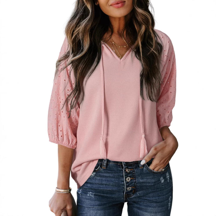 Damen Waffelshirt mit V‑Ausschnitt, Quasten und bestickten Puffärmeln Drune