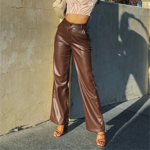 Damen Modische Kunstlederhose mit weitem Bein und eleganter Passform Drune