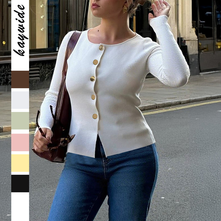 Damen nan taillierter Feinstrick-Cardigan mit asymmetrischer Goldknopf-Leiste und Frontschlitz Drune