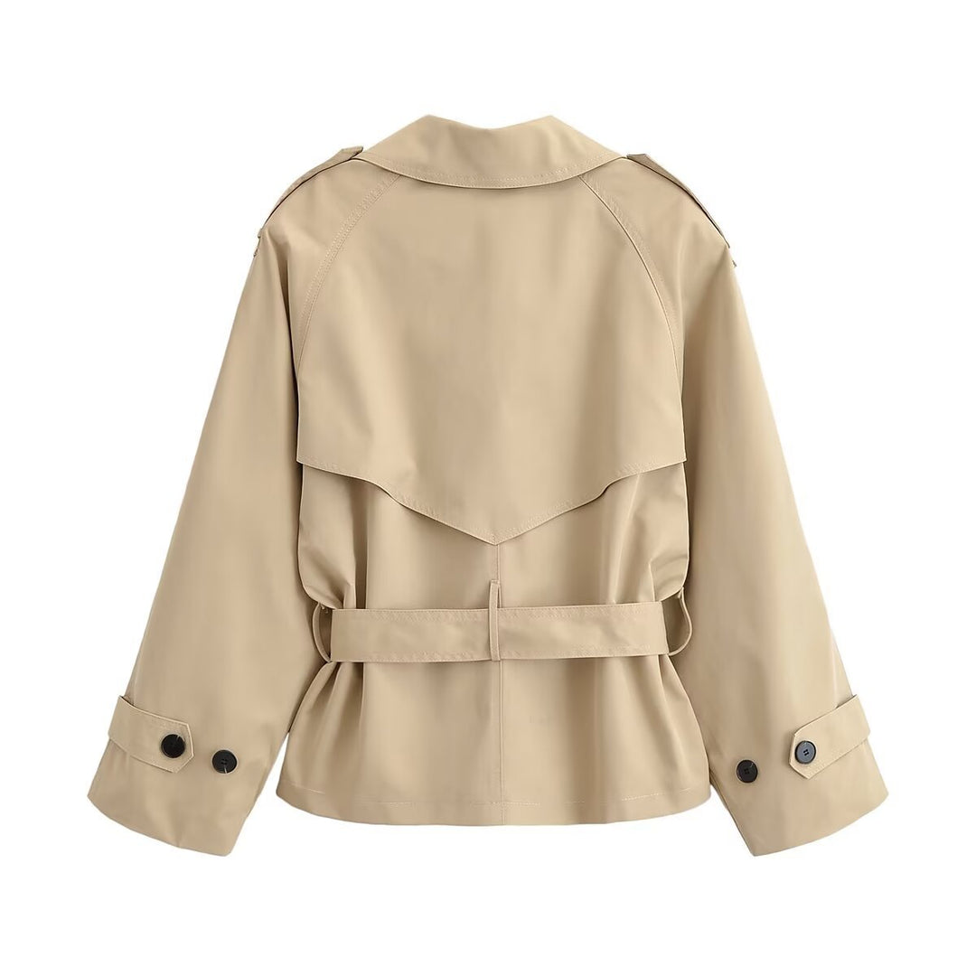 Damen 30+ kurzer taillierter Cropped Trenchcoat mit doppelreihiger Knopfleiste und Bindegürtel Drune