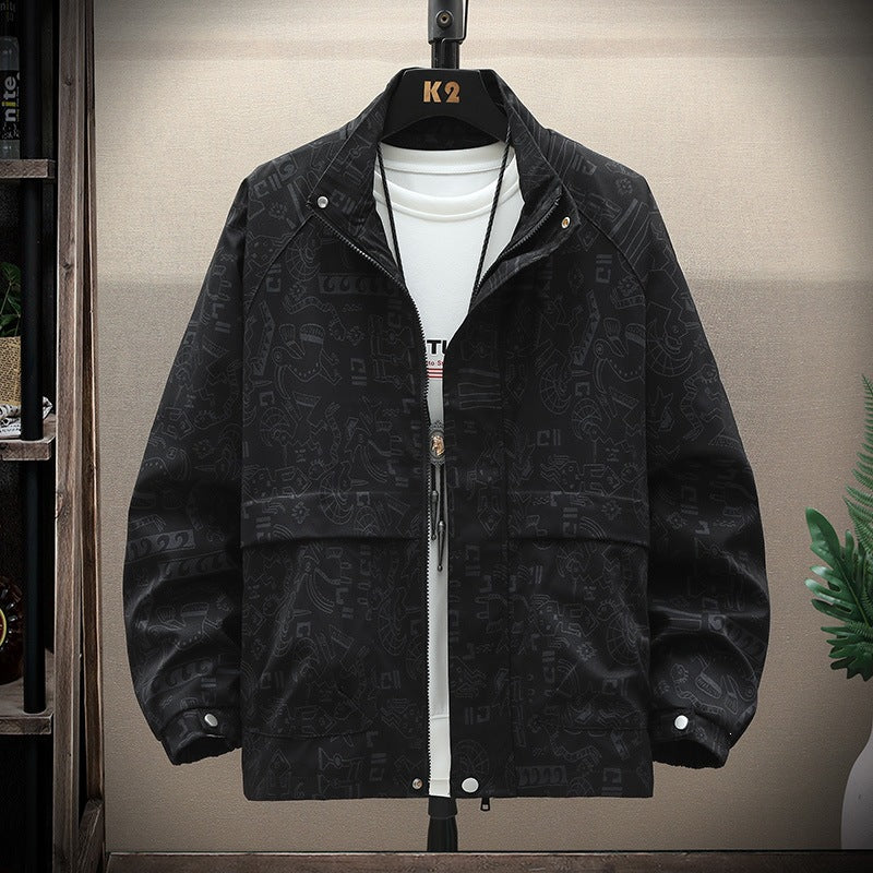 Herren leichte Overshirt-Utility-Jacke mit Allover-Print, Stehkragen & verdecktem Reißverschluss Drune