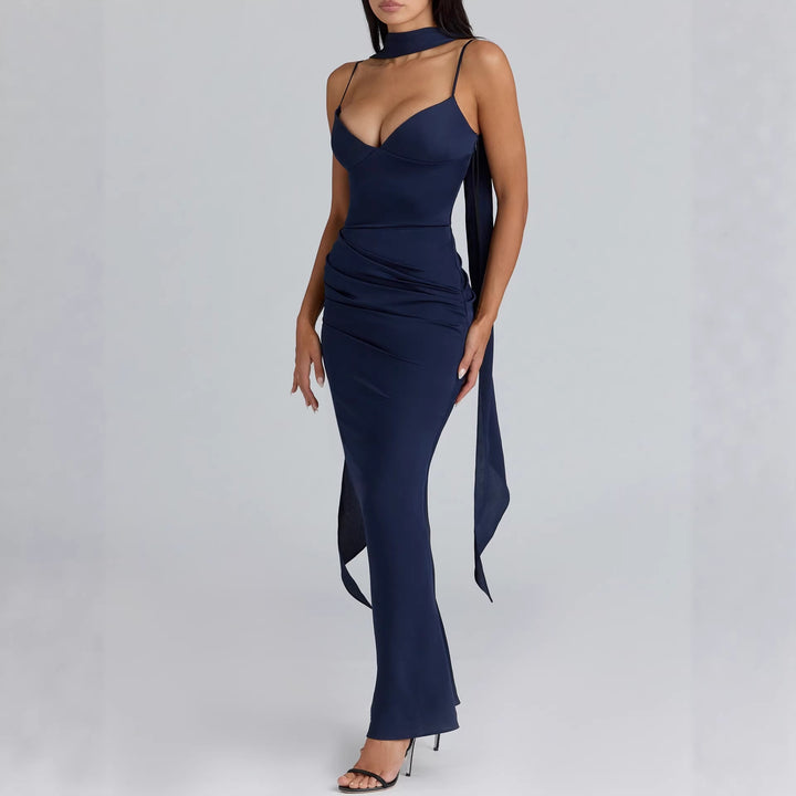 Damen Maxikleid mit figurbetontem Schnitt und elegantem Stehkragen Drune