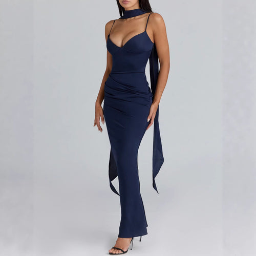 Damen Maxikleid mit figurbetontem Schnitt und elegantem Stehkragen Drune