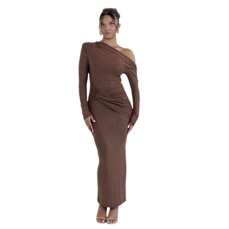 Damen Elegantes Wickel-Maxi-Kleid mit asymmetrischem Schnitt und langen Ärmeln Drune