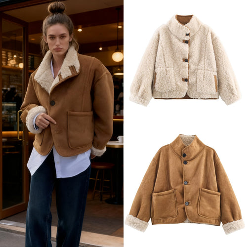 Damen Kurze Lammfellimitatjacke im Boxy‑Schnitt mit Stehkragen und großen Außentaschen Drune