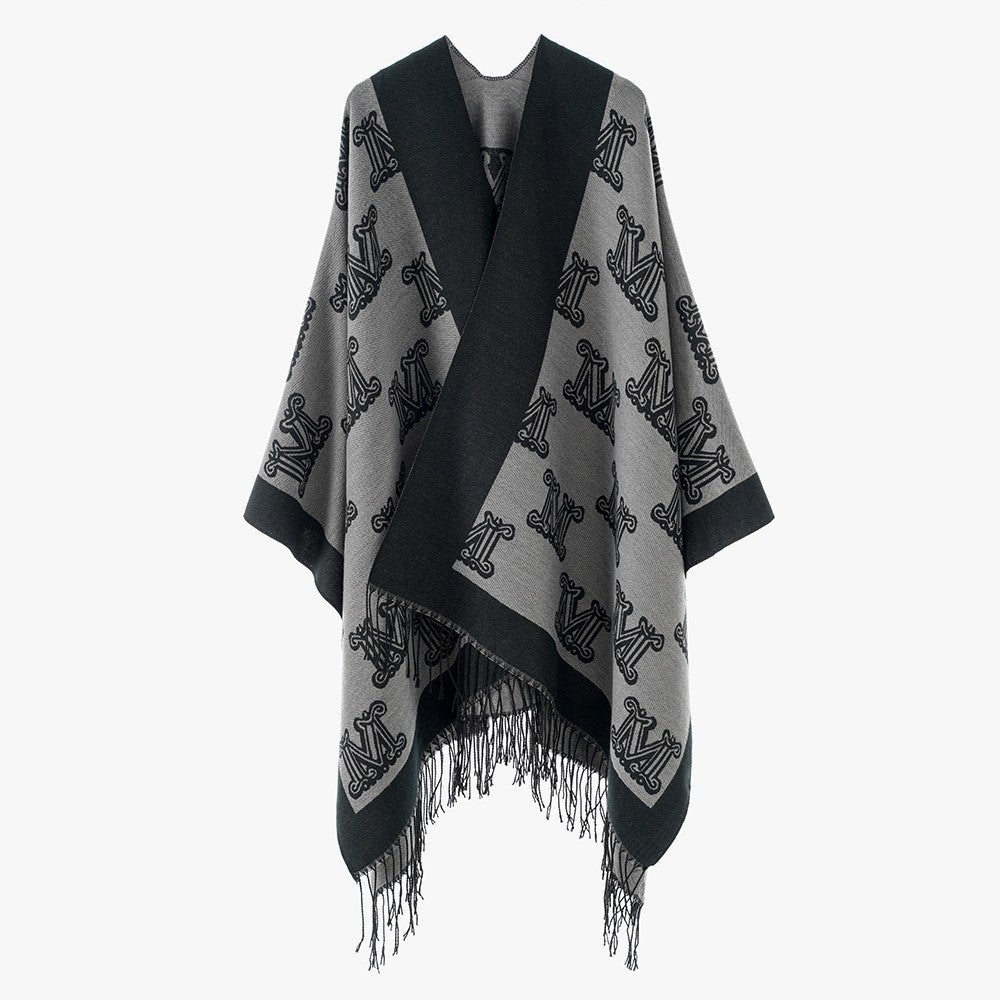 Damen Jacquard‑Monogramm‑Cape mit offenen Seiten und Fransen Drune