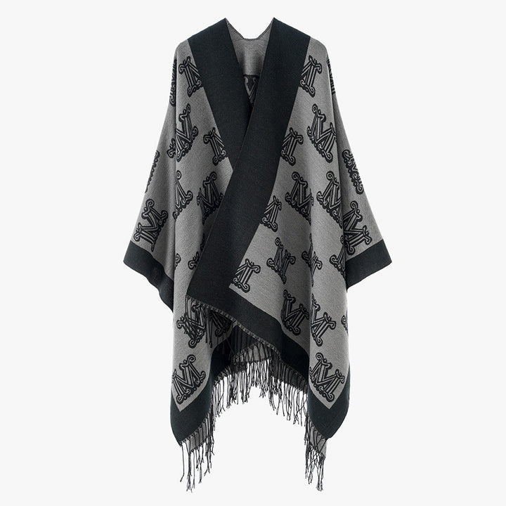Damen Jacquard‑Monogramm‑Cape mit offenen Seiten und Fransen Drune