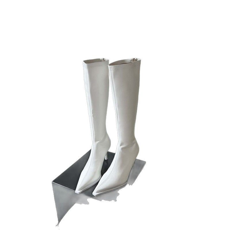 Damen kniehohe spitz zulaufende Stiefel mit sculpted Stiletto-Absatz und Rückseitenreißverschluss Drune