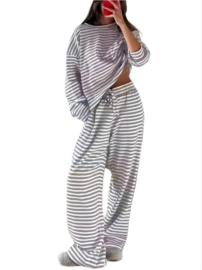 Damen Gestreiftes Lounge-Set aus weichem Baumwoll-Mix mit weitem Bein Drune