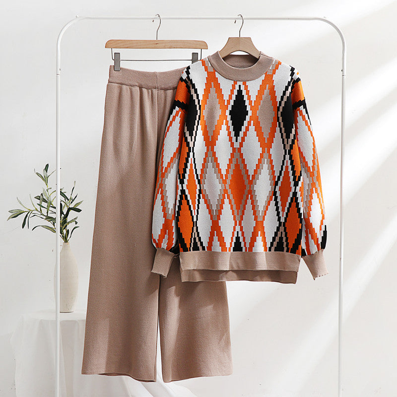 Damen modisches Strick-Loungewear-Set mit geometrischem Muster und weitem Schnitt Drune