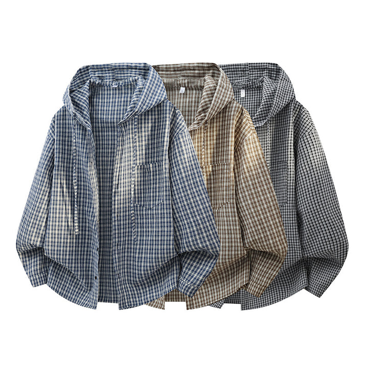 Herren Karierter Overshirt-Hoodie aus Baumwollmix mit Kapuze & Relaxed-Fit Drune